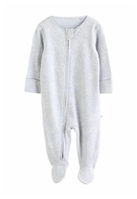 Grey baby onesie made of soft cotton, featuring a zip closure and subtle duck pattern. Includes footed design and long sleeves.
