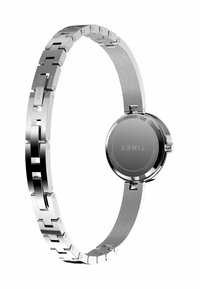 Montre en acier inoxydable argenté avec un cadran rond lisse, un bracelet à maillons et une finition brossée sur le strap. Présente un design simple et moderne.