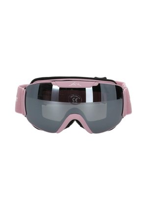 Ski goggles with a pink frame and gray tinted lenses. Features a padded interior and adjustable strap for comfort.