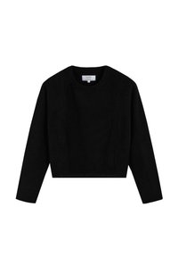 Suéter negro corto hecho de un suave tejido de punto. Presenta un cuello redondo y mangas largas, con detalles sutiles a lo largo de los lados.