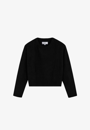 Suéter negro corto hecho de un suave tejido de punto. Presenta un cuello redondo y mangas largas, con detalles sutiles a lo largo de los lados.