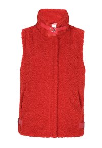 Rote ärmellose Weste aus strukturiertem, fuzzy Material. Mit hohem Kragen und Druckknöpfen an der Vorderseite sowie Seitentaschen.