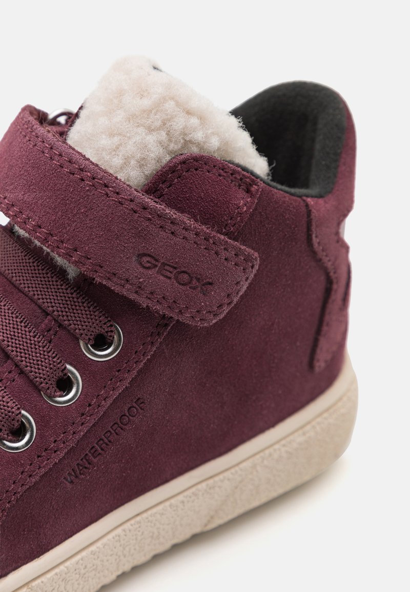 Burgundowa zamszowa sneaker z szarym futrem w środku, biała gumowa podeszwa, metalowe oczka i regulowany pasek z logo "GEOX". Wodoodporny.