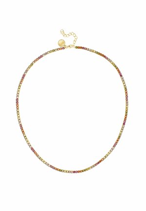 Collier chaîne en or avec de petites pierres précieuses multicolores dans des tons rose, orange et jaune, doté d'un fermoir réglable en or et d'un charme.