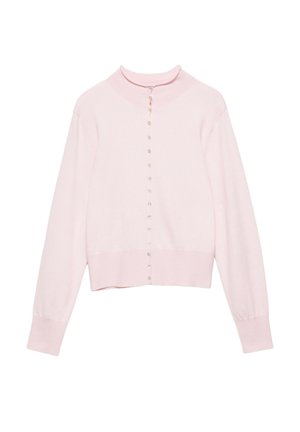 Lyserød cardigan med lange ærmer, knapper, rund krave samt ribstrikket kant og ærmer.