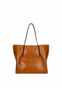 Duża brązowa skórzana torba tote o gładkiej teksturze, z dwiema długimi rączkami i otwartą górą, charakteryzująca się minimalistycznym designem.