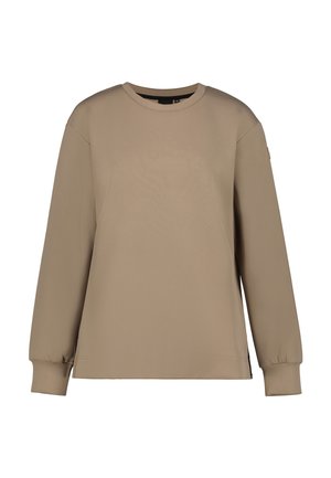 Felpa beige semplice a maniche lunghe con scollo rotondo, polsini a coste e vestibilità comoda, mostrata su sfondo bianco.