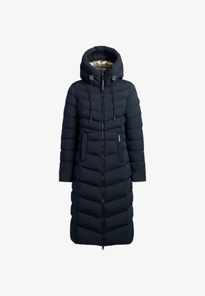 Langer, marineblauer Puffer-Mantel mit Kapuze, featuring ein goldenes Innenfutter, vertikales Steppmuster, zwei Fronttaschen und einem zentralen Reißverschluss.