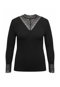 Black long-sleeve top with a lace V-neck and lace detailing on cuffs. Made from a textured fabric, highlighting a fitted silhouette.