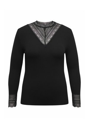 Black long-sleeve top with a lace V-neck and lace detailing on cuffs. Made from a textured fabric, highlighting a fitted silhouette.