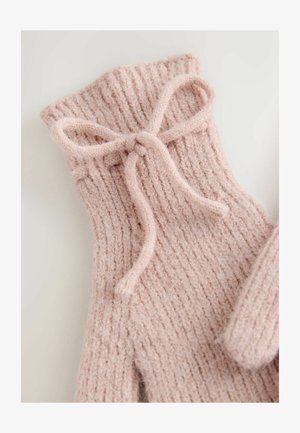 Knit pink mittens with a ribbed texture and a tied bow at the cuff. Soft, warm material with a snug fit for hands.