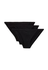 Ensemble de culottes noires en coton, comprenant trois paires avec une coupe taille basse, des bords sans coutures et une texture lisse. Design simple sans motifs.