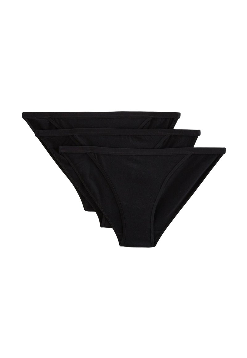 Ensemble de culottes noires en coton, comprenant trois paires avec une coupe taille basse, des bords sans coutures et une texture lisse. Design simple sans motifs.