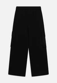 Schwarze Cargo-Hosen mit einem weiten Beinschnitt, elastischem Bund und zwei seitlichen Taschen mit Klappenverschluss. Hergestellt aus einem weichen, strapazierfähigen Stoff.