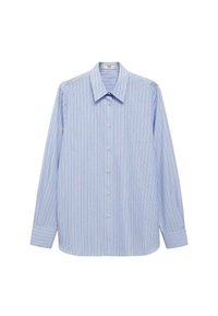 Chemise bleu clair à manches longues avec rayures blanches verticales, col, fermeture à boutons sur le devant et manches avec poignets. Tissu à texture lisse.