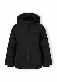 Melnā pūkaina jaka ar kapuci, ar priekšējo rāvējslēdzēju, elastīgām piedurknēm un quilted tekstūru. Izstrādāta siltumam un komfortam.