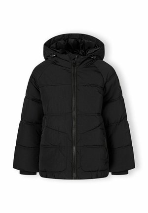 Black puffer jacket with a hood, featuring a front zipper, elastic cuffs, and quilted texture. Designed for warmth and comfort.