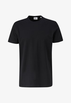 Czarna koszulka z krótkim rękawem, wykonana z miękkiej bawełny. Krój z okrągłym dekoltem, gładka tekstura i regularny fason, bez widocznych wzorów czy akcentów.