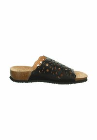 Zwarte slipper met uitsnijdingen, kurken voetbed en gegoten rubberen zool. Beschikt over een gekartelde rand en open teenontwerp.