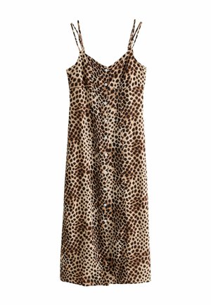 Midi šaty bez rukávov s leopardím vzorom, tenkými dvojitými ramienkami a zapínaním na gombíky vpredu.