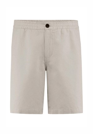 Hellgraue Shorts aus Baumwollmischung mit elastischem Bund und einer vorderen Knopfleiste. Verfügt über Seitentaschen und eine lockere Passform.