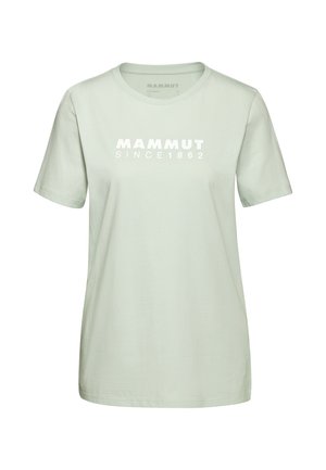 T-shirt in cotone verde chiaro con maniche corte e colletto a girocollo. Presenta un logo stampato bianco "MAMMUT SINCE 1862" sul davanti.