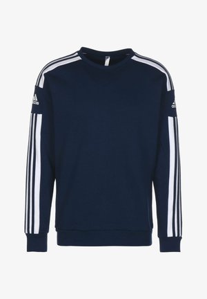Marineblaue Adidas-Sweatshirt mit weißen drei Streifen entlang der Ärmel und Adidas-Logo auf beiden Oberarmen.