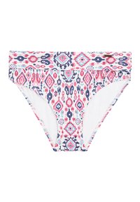 Plavkové spodní díly bikini s barevným geometrickým vzorem v růžové, námořnické modré a světle modré barvě na bílém pozadí; elastický pas, plně podšité.