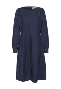 Marineblauw denim jurk met lange geplooide mouwen, vierkante halslijn en gathered manchetten; heeft een ritssluiting aan de achterkant en een lichte A-lijnvorm.