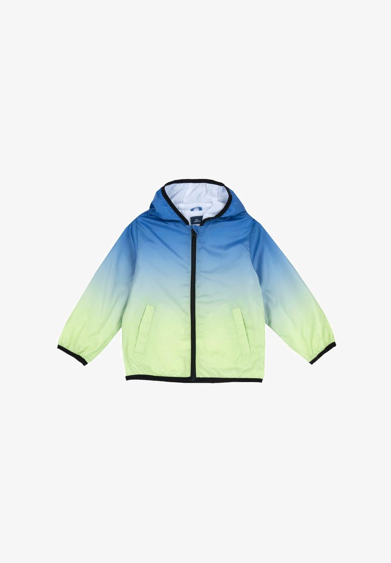 Chaqueta con capucha en degradado de azul a verde, con ribetes negros, cierre frontal y dos bolsillos laterales. Material suave y ligero con un diseño casual.