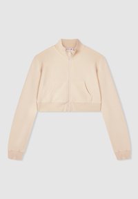 Giacca zip-up tagliata in morbido e leggero tessuto pesco. Presenta un collo alto, maniche lunghe e una tasca frontale. Texture liscia, design minimale.