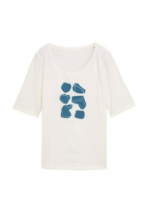 White short-sleeve t-shirt featuring a blue abstract design with rounded shapes and thin outlines. Soft, smooth fabric texture.