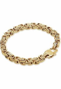 Bracciale in acciaio dorato con maglie rettangolari e finitura lucida. Presenta un gancio sicuro, mettendo in risalto un design uniforme e fluido.