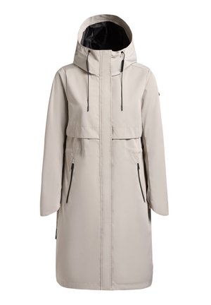 Šviesiai smėlio spalvos ilgas lietpaltis su kapišonu, juodomis raištelėmis, priekinio užtrauktuko ir dviem užsegamomis kišenėmis.