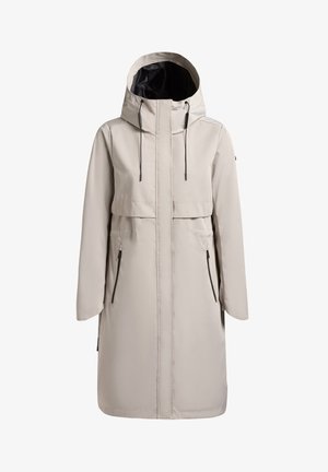 Šviesiai smėlio spalvos ilgas lietpaltis su kapišonu, juodomis raištelėmis, priekinio užtrauktuko ir dviem užsegamomis kišenėmis.