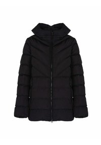 Giacca nera imbottita con zip frontale, colletto alto e tasche laterali. Presenta un design trapuntato orizzontale per un migliore isolamento e calore.