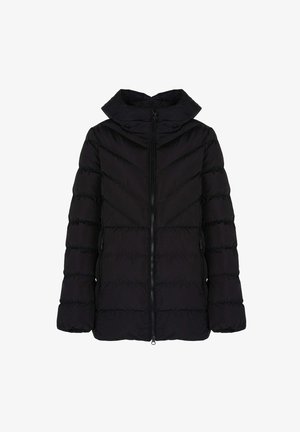 Schwarze gepolsterte Jacke mit Reißverschluss vorne, hohem Kragen und Seitentaschen. Verfügt über ein horizontal gestepptes Design für Isolation und Wärme.