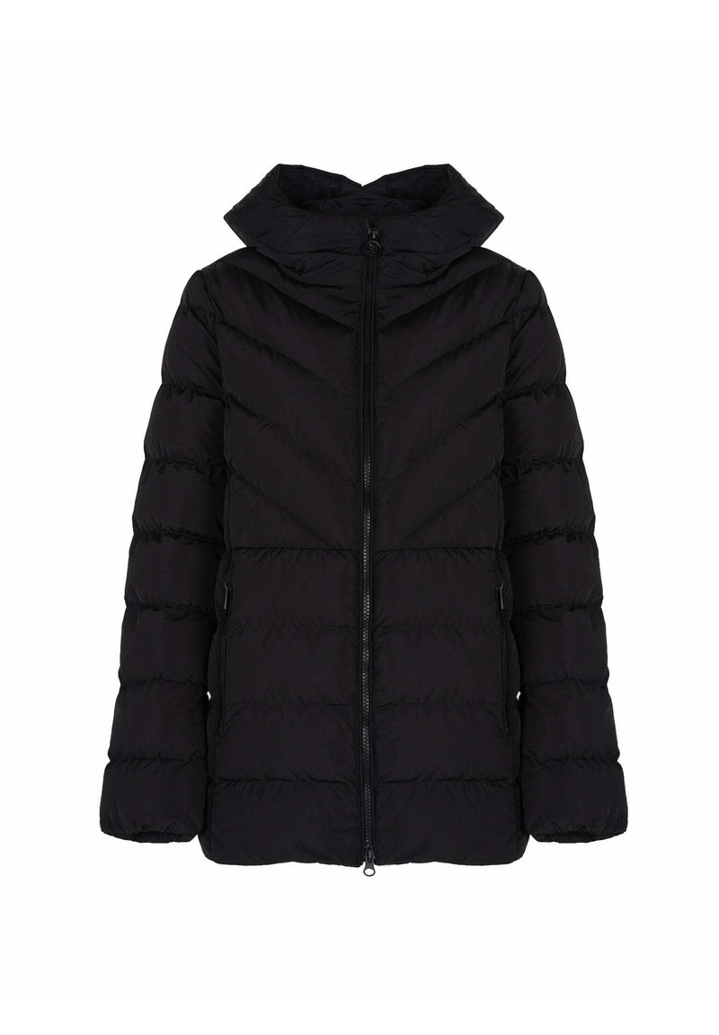Giacca nera imbottita con zip frontale, colletto alto e tasche laterali. Presenta un design trapuntato orizzontale per un migliore isolamento e calore.