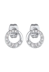 Sølvfarvede hoops øreringe med et cirkulært design, prydet med klare krystaller langs kanten og en poleret overflade.