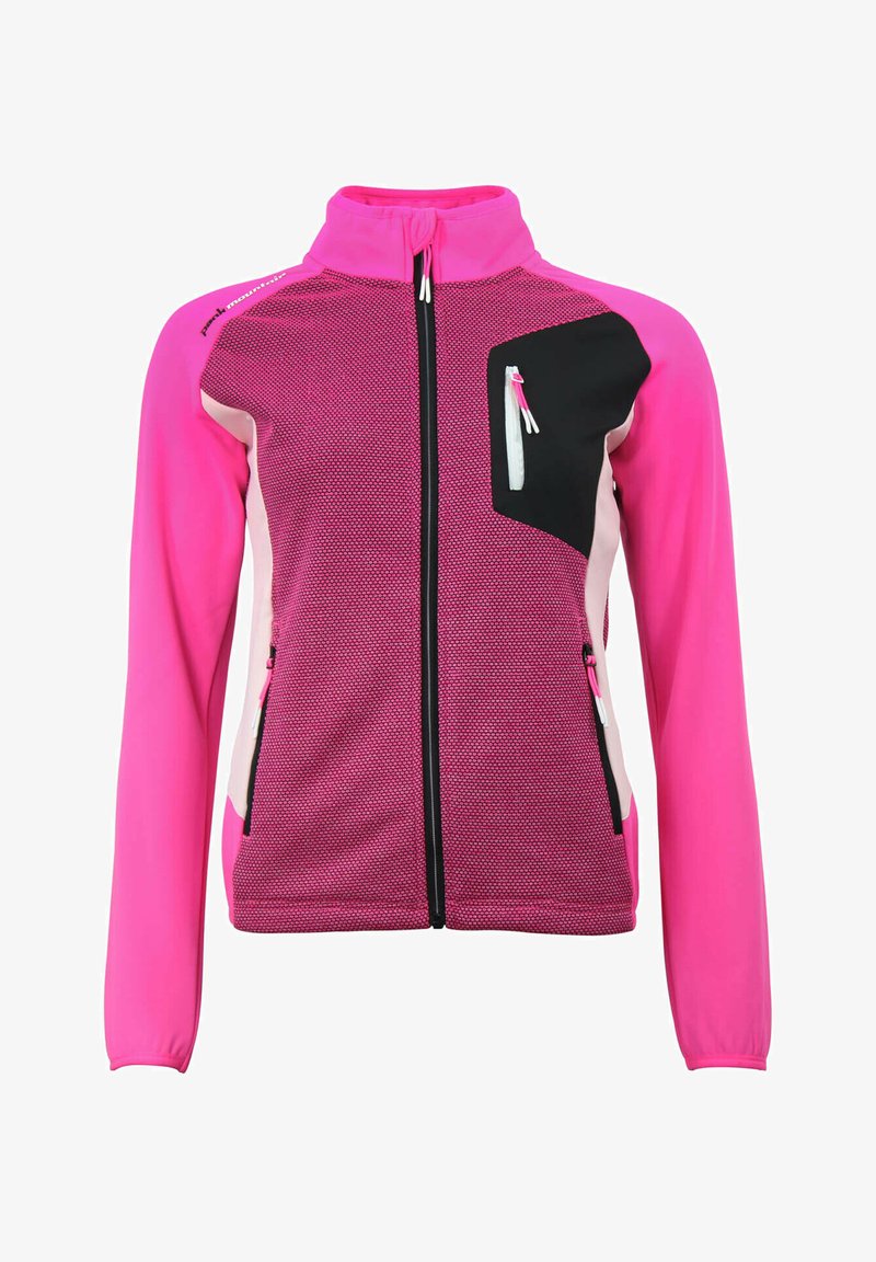 Veste en polaire avec un schéma de couleurs rose et noir, poches zippées, col haut et tissu texturé au design sportif.