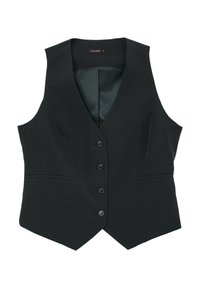 Svart väst i slät tyg, med V-nacke, sex knappar och två fickor. Designen är figursydd med en avsmalnande botten.