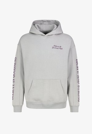 Gray hoodie with a front pocket, featuring purple text on the chest and sleeves. Soft material with a loose fit and ribbed cuffs.