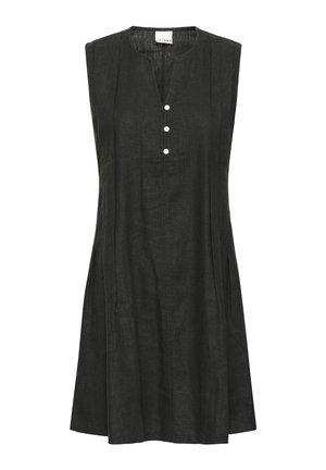 Vestito nero in lino senza maniche con scollo a V, tre bottoni bianchi sul davanti e orlo leggermente svasato.