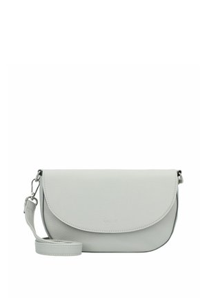 Borsa a clutch in pelle grigia chiara con patta arrotondata, tracolla regolabile, logo in rilievo e superficie leggermente testurizzata. Dettagli in metallo argentato.