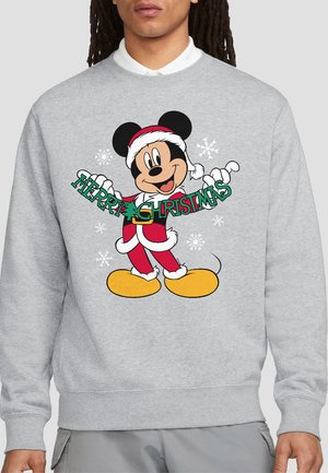 Gray sweatshirt featuring a cartoon character in a Santa outfit, holding a "Merry Christmas" banner with snowflakes in the background.