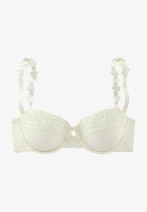 Spitzen-Balconette-BH in Off-White mit gepolsterten Cups, floralen Spitzenverzierungen, gewellten Kanten und dekorativen Trägern.