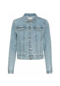 Chaqueta de denim azul claro, con cuello tipo camisa, dos bolsillos frontales, botones plateados y una silueta ajustada con mangas largas.