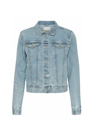 Hele sinine teksajakk, millel on kraega kaelus, kaks esist pocketit, hõbedased nupud ja liibuv siluett pikkade varrukatega.