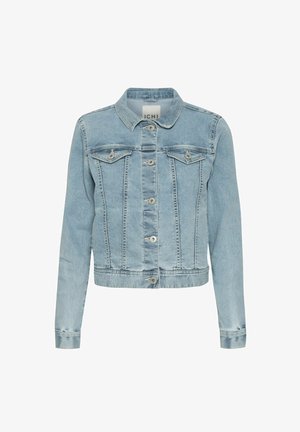 Svetlo modra kavbojka, ki ima ovratnik, dvoje sprednjih žepov, srebrne gumbe in prilegajoč silhueto s dolgimi rokavi.