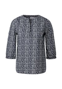Top azul marino con patrón geométrico blanco, mangas 3/4, escote en V y corte relajado. Tejido ligero y suave.